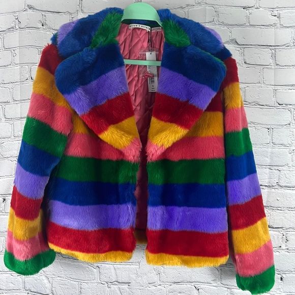 Alice + Olivia Jackets & Blazers - NEW Alice+Olivia coat striped multicolored faux fur size XS